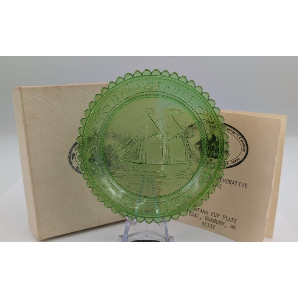 Schooner Montana Barnstable Centerville Glass Pairpoint Cup Plate Green Ship VTG